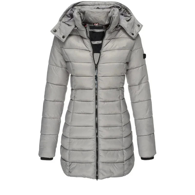 Winter Thicken Warm Women Parkas Solid Color Zippers Coats Long Sleeve Padded Puff Jacket Mid-Length Slim Female Hoodie Parkas