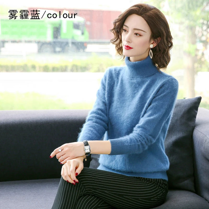 Autumn Winter 100% Mink Cashmere Sweater Women Knitwear Pullover Thick Warm Solid Color Plus Size Base High Lapel Clothing Tops