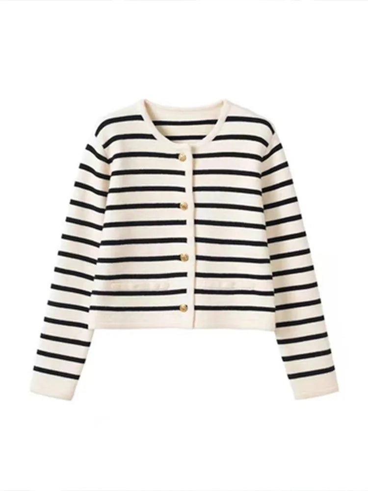 Elegant Striped Knitted Cardigans Coat Fashion Long Sleeve Women O-Neck Single Breasted Korean Sweaters Autumn Tops New Cardigan
