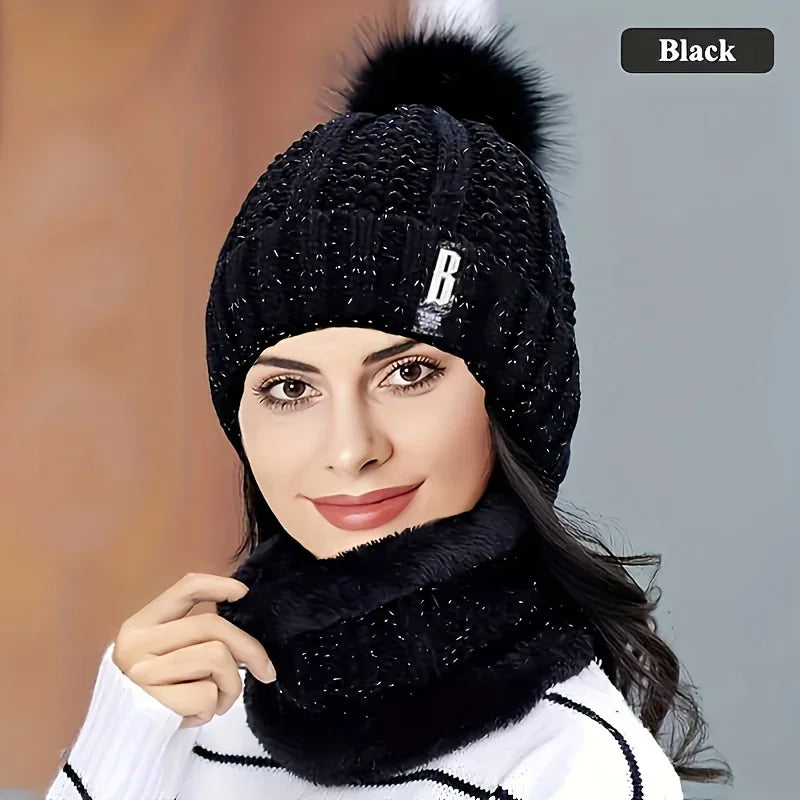 Knitted Hat Set Winter Warm Skull Hat Thick Plush Windproof Anti-Cold Women Casual Snow Hats Beanie