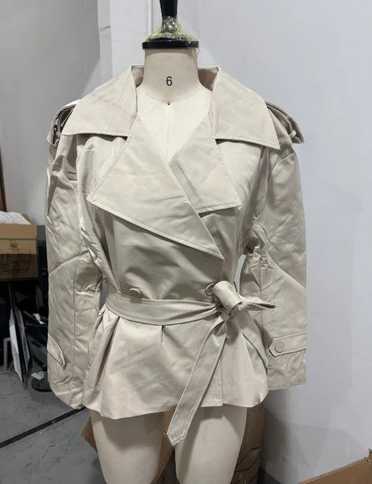 Solid Lace Up Long Trench Coat Women Chic Full Sleeves Lapel Single Breasted Loose Outerwear 2026 Lady Spring High Street Wear