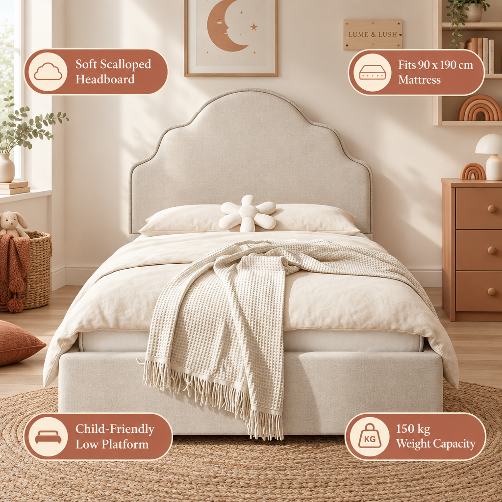 LUME & LUSH beige scalloped kids bed with feature callouts