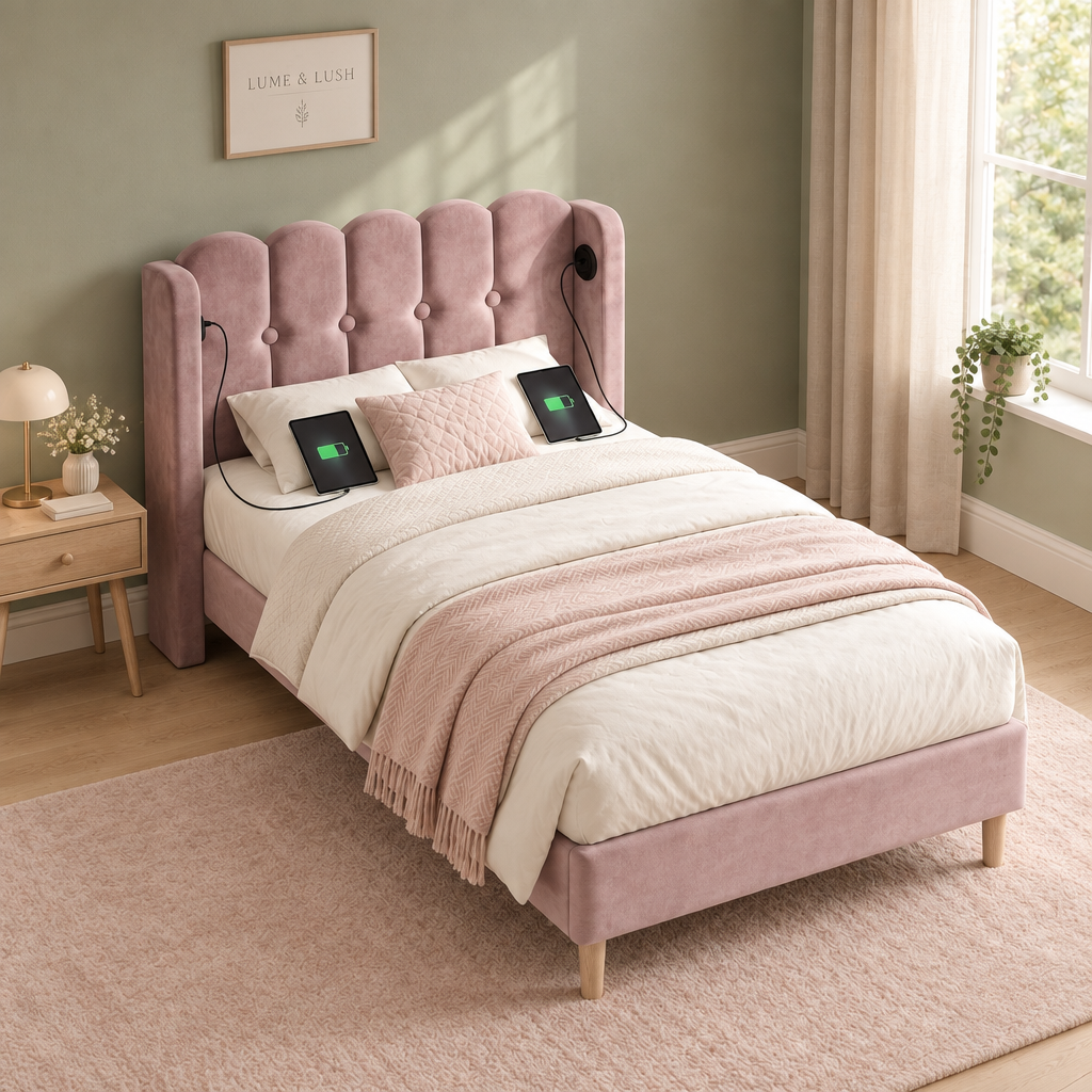 Pink velvet single bed in a clean LUME & LUSH bedroom
