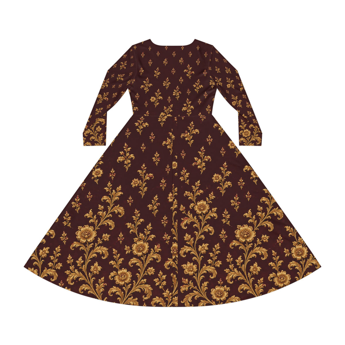Floral Damask Long-Sleeve Dance Dress — Vintage Gold on Burgundy