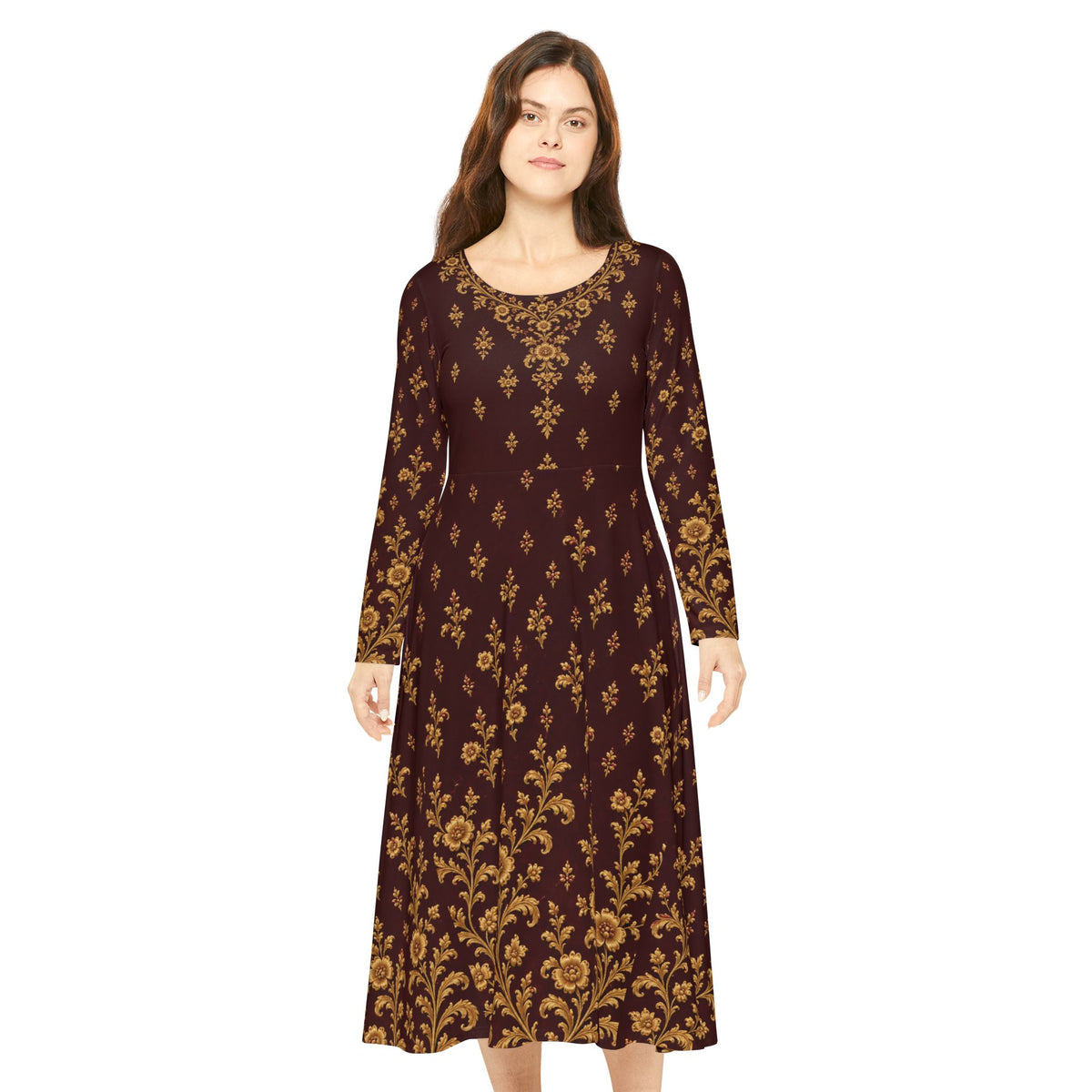 Floral Damask Long-Sleeve Dance Dress — Vintage Gold on Burgundy