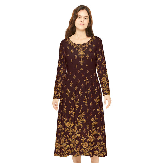 Floral Damask Long-Sleeve Dance Dress — Vintage Gold on Burgundy
