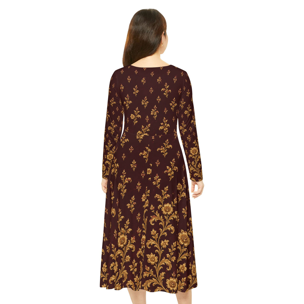 Floral Damask Long-Sleeve Dance Dress — Vintage Gold on Burgundy