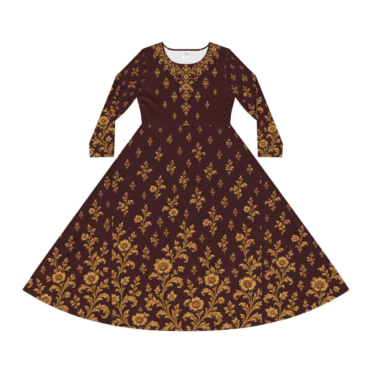 Floral Damask Long-Sleeve Dance Dress — Vintage Gold on Burgundy