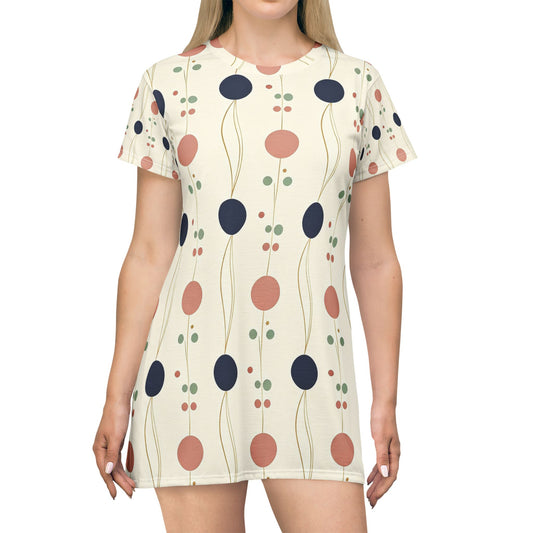 Retro Dot Floral T-Shirt Dress — Cream AOP Pattern