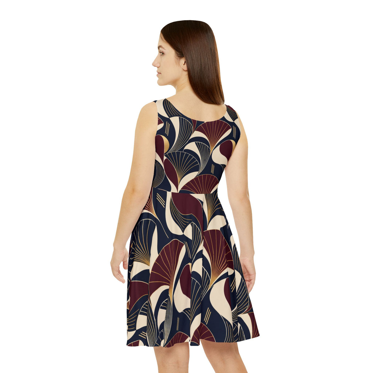 Art Deco Fan Print Skater Dress — Retro Geometric Vintage-Inspired Women's Dress