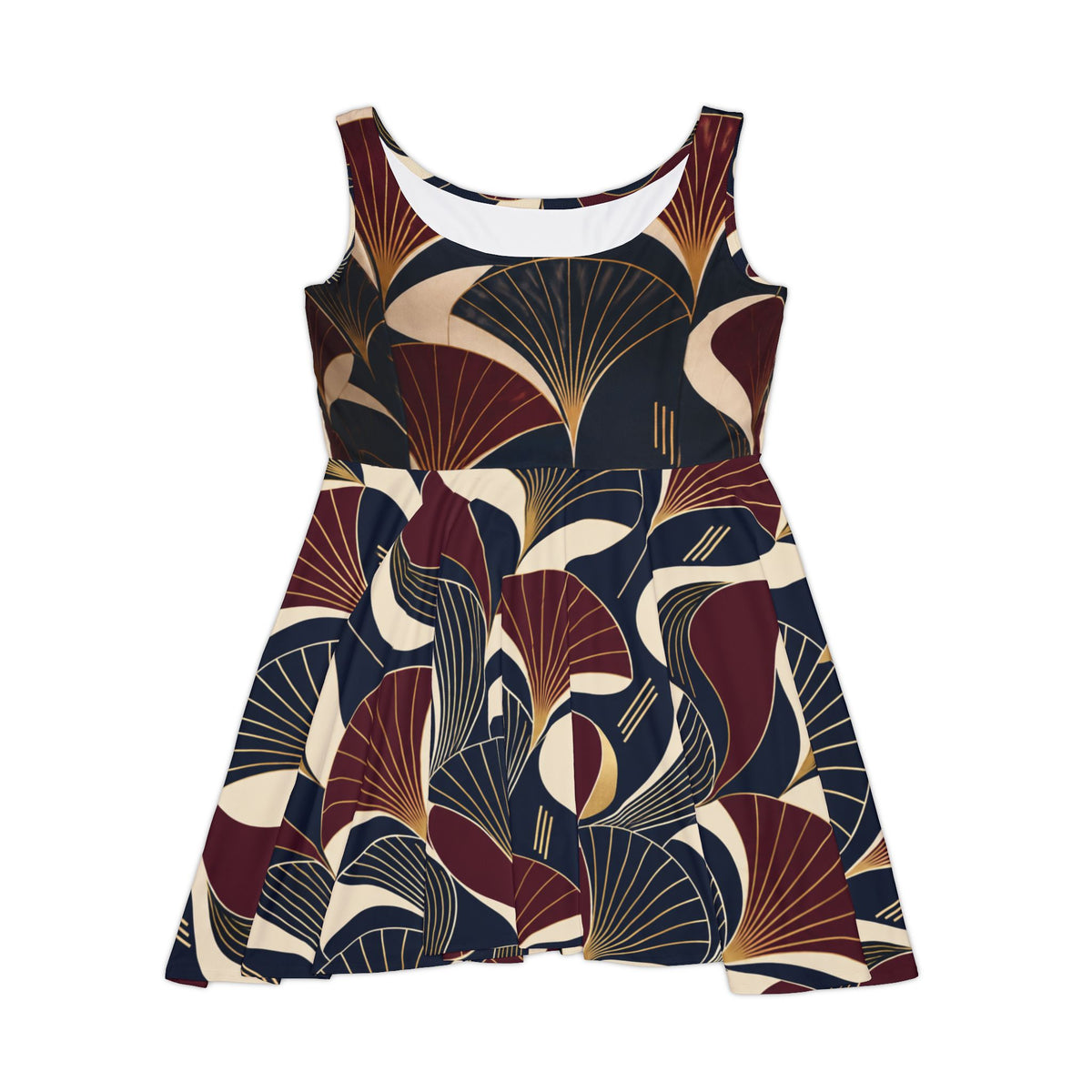 Art Deco Fan Print Skater Dress — Retro Geometric Vintage-Inspired Women's Dress