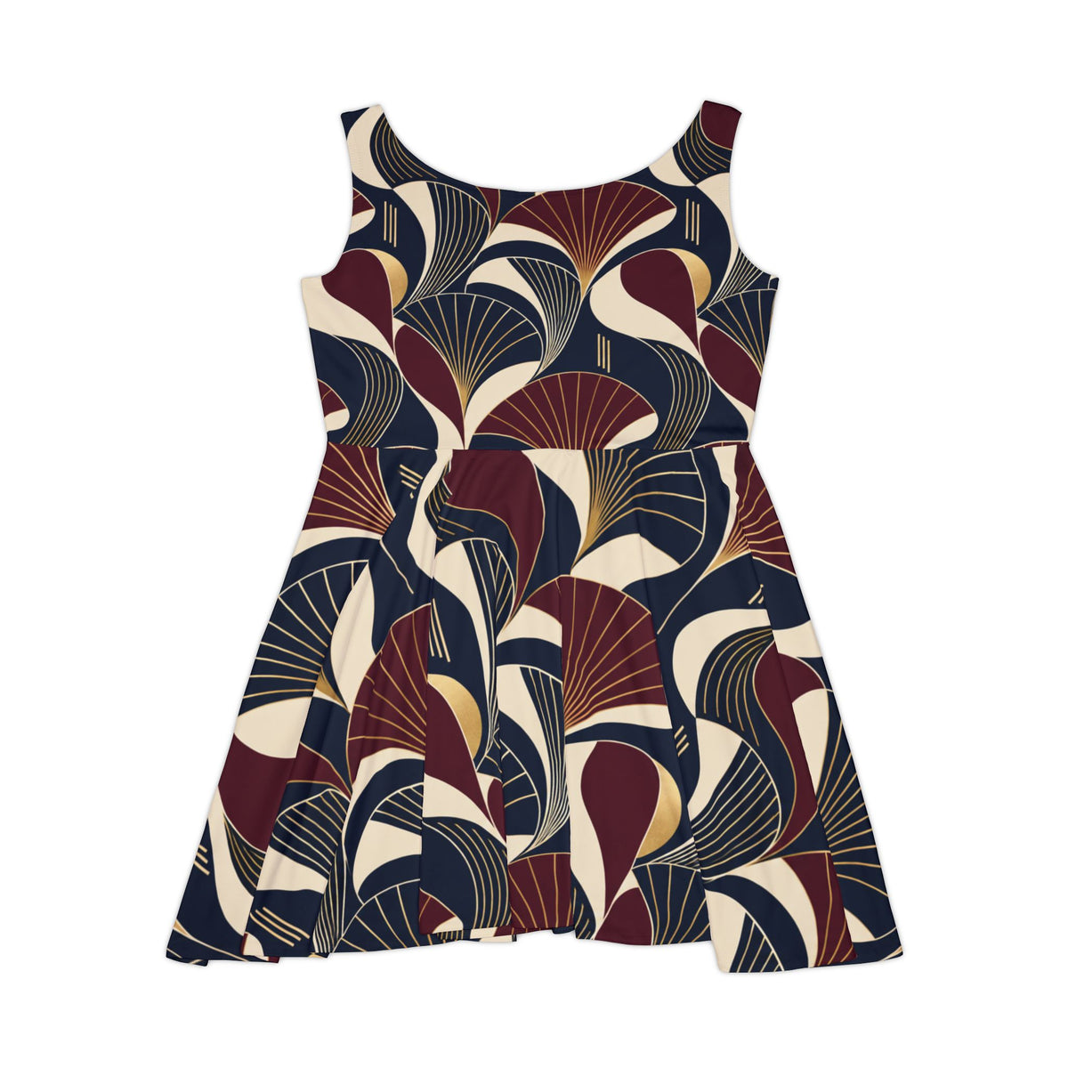 Art Deco Fan Print Skater Dress — Retro Geometric Vintage-Inspired Women's Dress