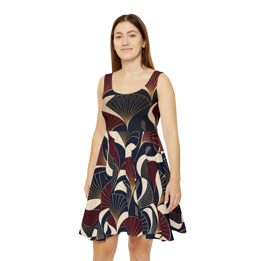 Art Deco Fan Print Skater Dress — Retro Geometric Vintage-Inspired Women's Dress