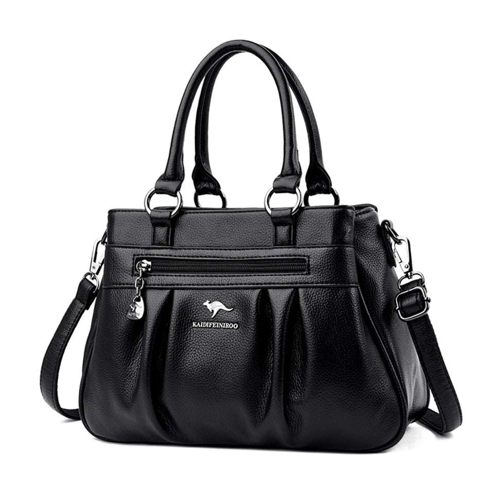 High Quality Leather Handbags Purse Luxury 3 Layers Women Shoulder Croosbody Tote Large Capacity Top-handle Female Ruched Sac