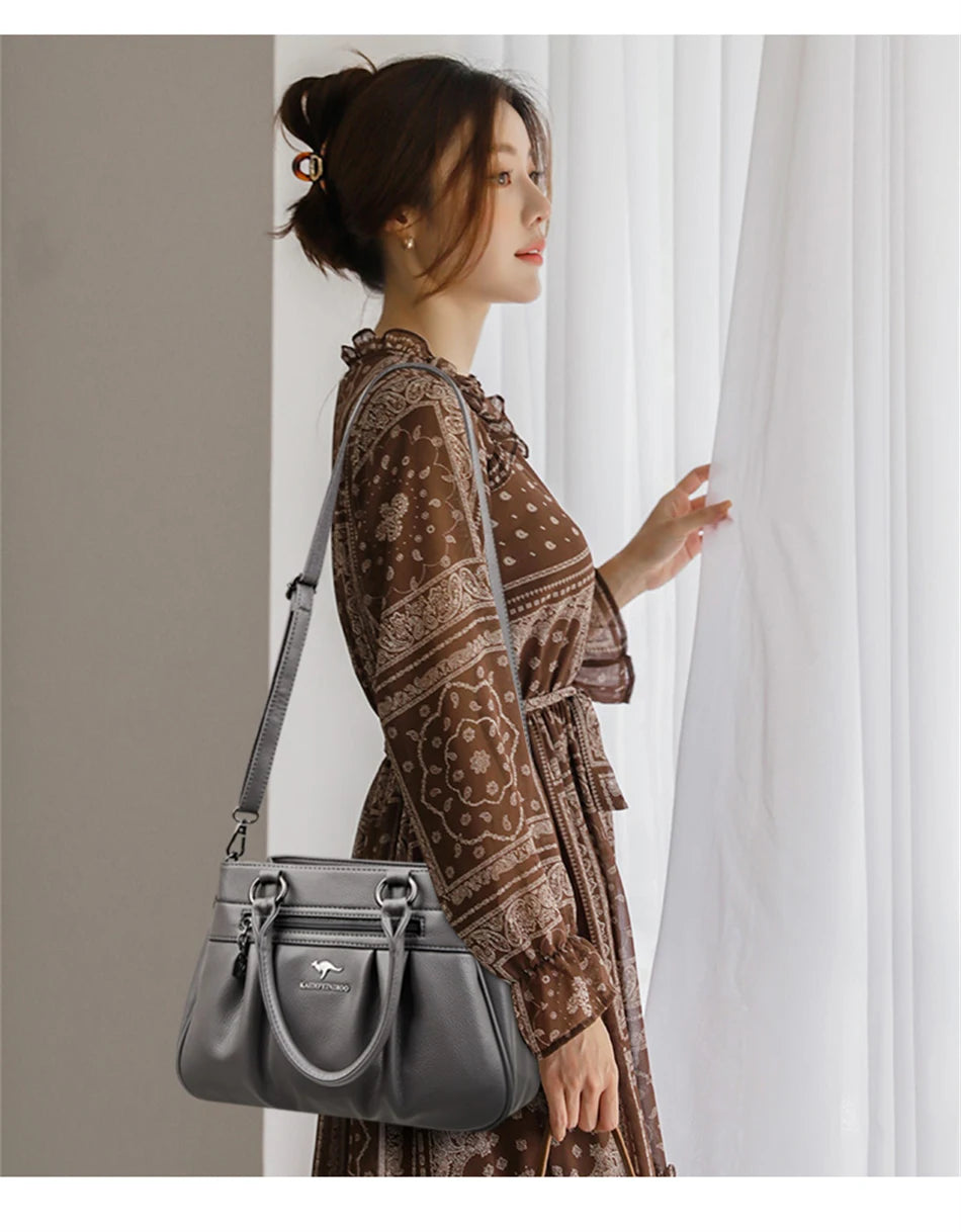 High Quality Leather Handbags Purse Luxury 3 Layers Women Shoulder Croosbody Tote Large Capacity Top-handle Female Ruched Sac
