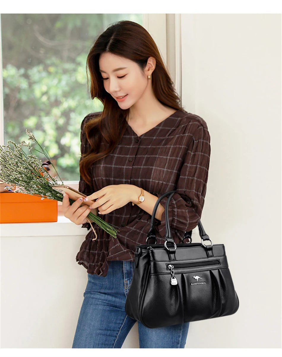 High Quality Leather Handbags Purse Luxury 3 Layers Women Shoulder Croosbody Tote Large Capacity Top-handle Female Ruched Sac