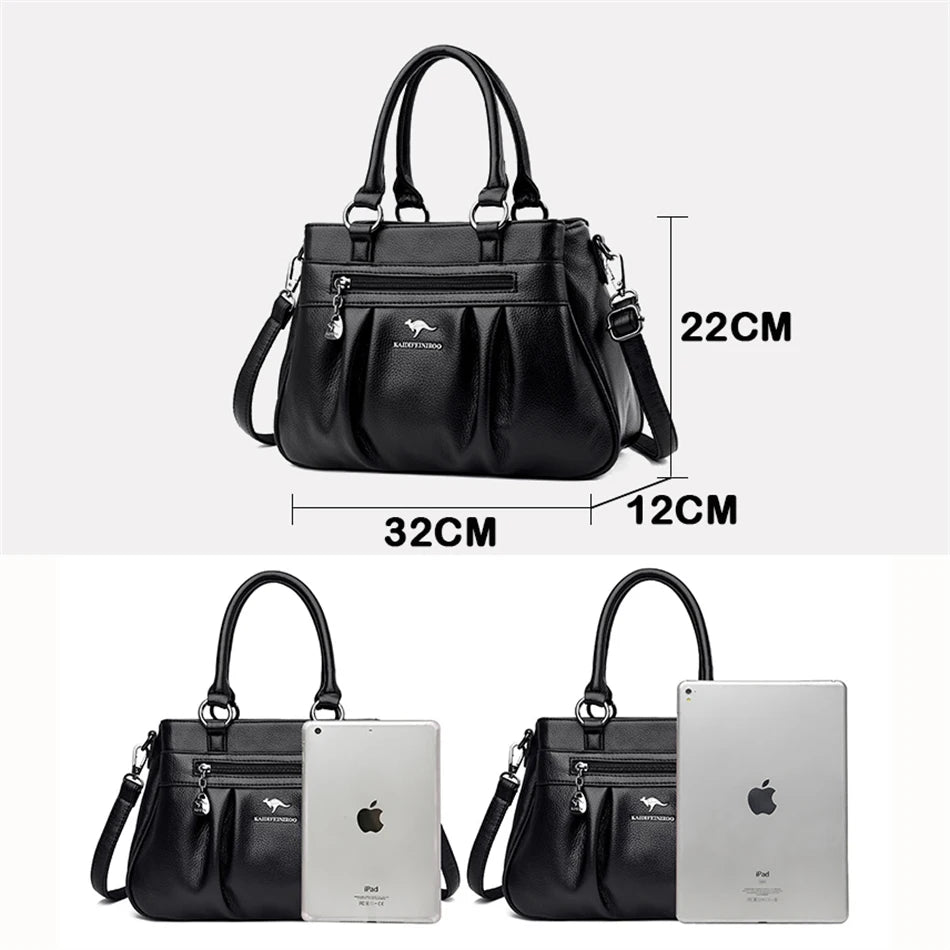 High Quality Leather Handbags Purse Luxury 3 Layers Women Shoulder Croosbody Tote Large Capacity Top-handle Female Ruched Sac