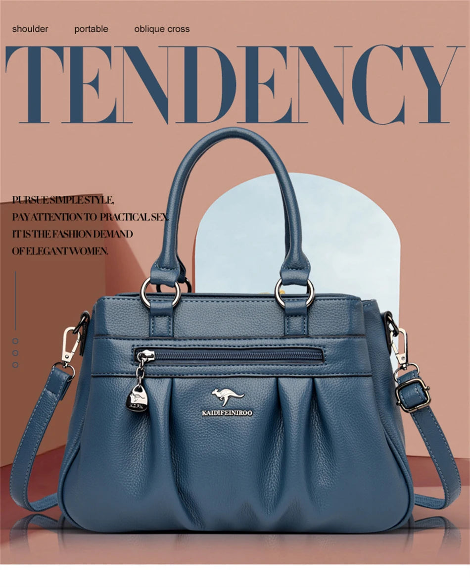 High Quality Leather Handbags Purse Luxury 3 Layers Women Shoulder Croosbody Tote Large Capacity Top-handle Female Ruched Sac