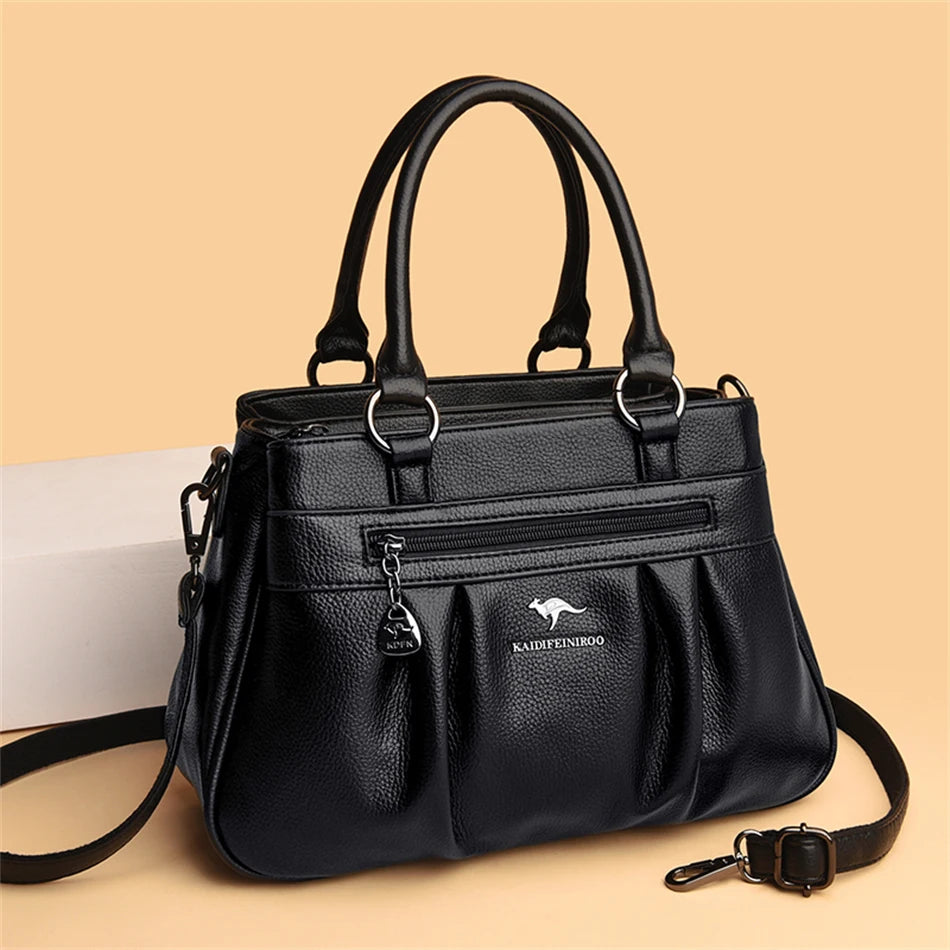 High Quality Leather Handbags Purse Luxury 3 Layers Women Shoulder Croosbody Tote Large Capacity Top-handle Female Ruched Sac
