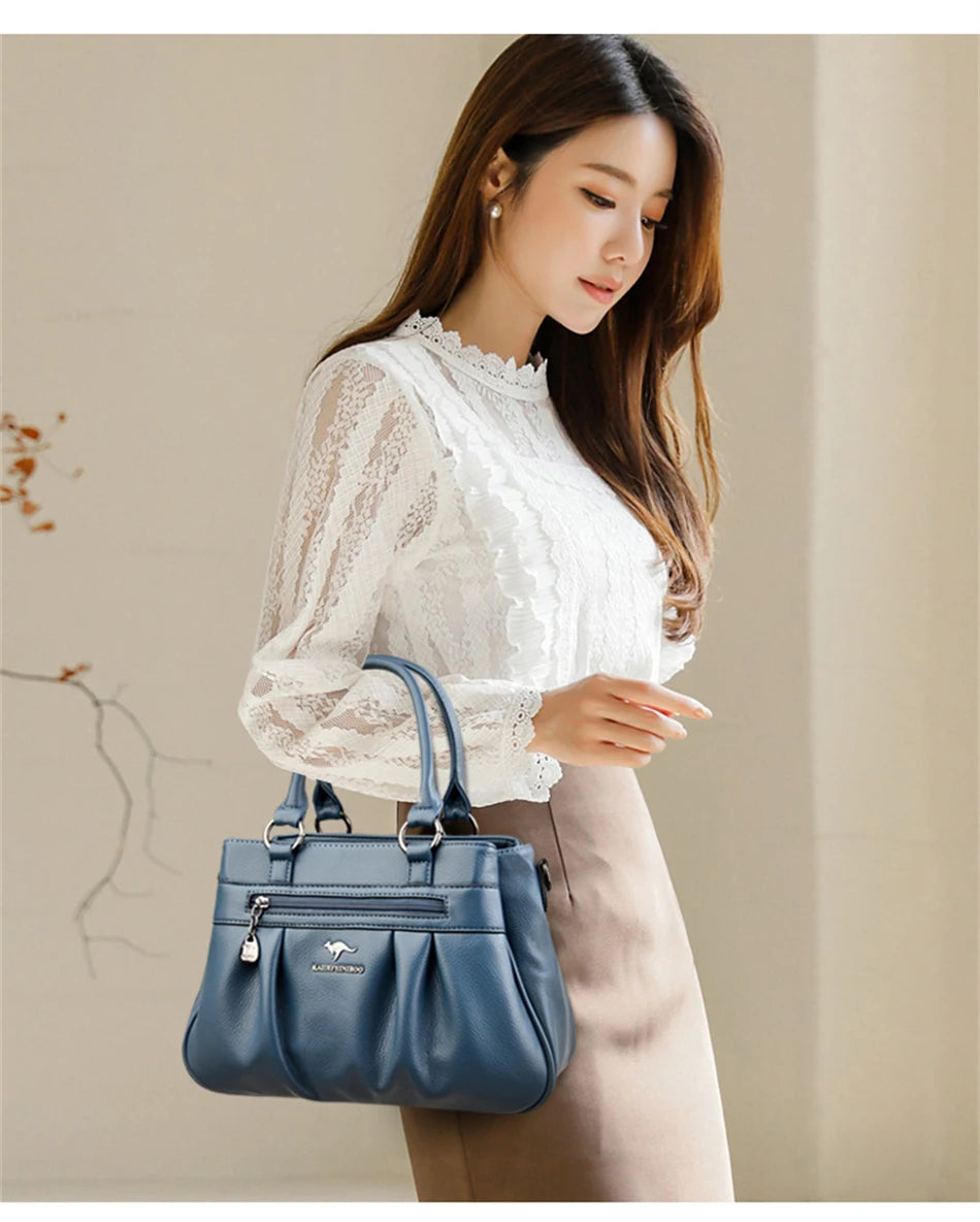 High Quality Leather Handbags Purse Luxury 3 Layers Women Shoulder Croosbody Tote Large Capacity Top-handle Female Ruched Sac