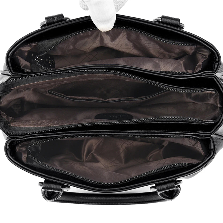 High Quality Leather Handbags Purse Luxury 3 Layers Women Shoulder Croosbody Tote Large Capacity Top-handle Female Ruched Sac