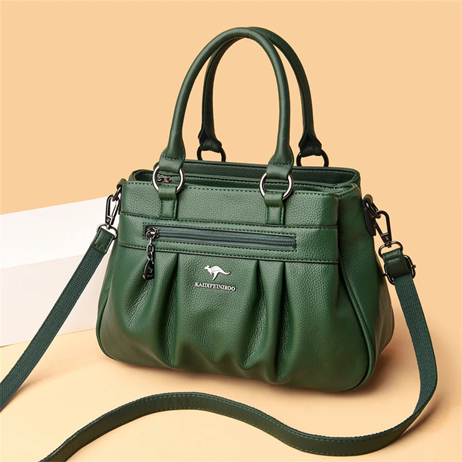 High Quality Leather Handbags Purse Luxury 3 Layers Women Shoulder Croosbody Tote Large Capacity Top-handle Female Ruched Sac