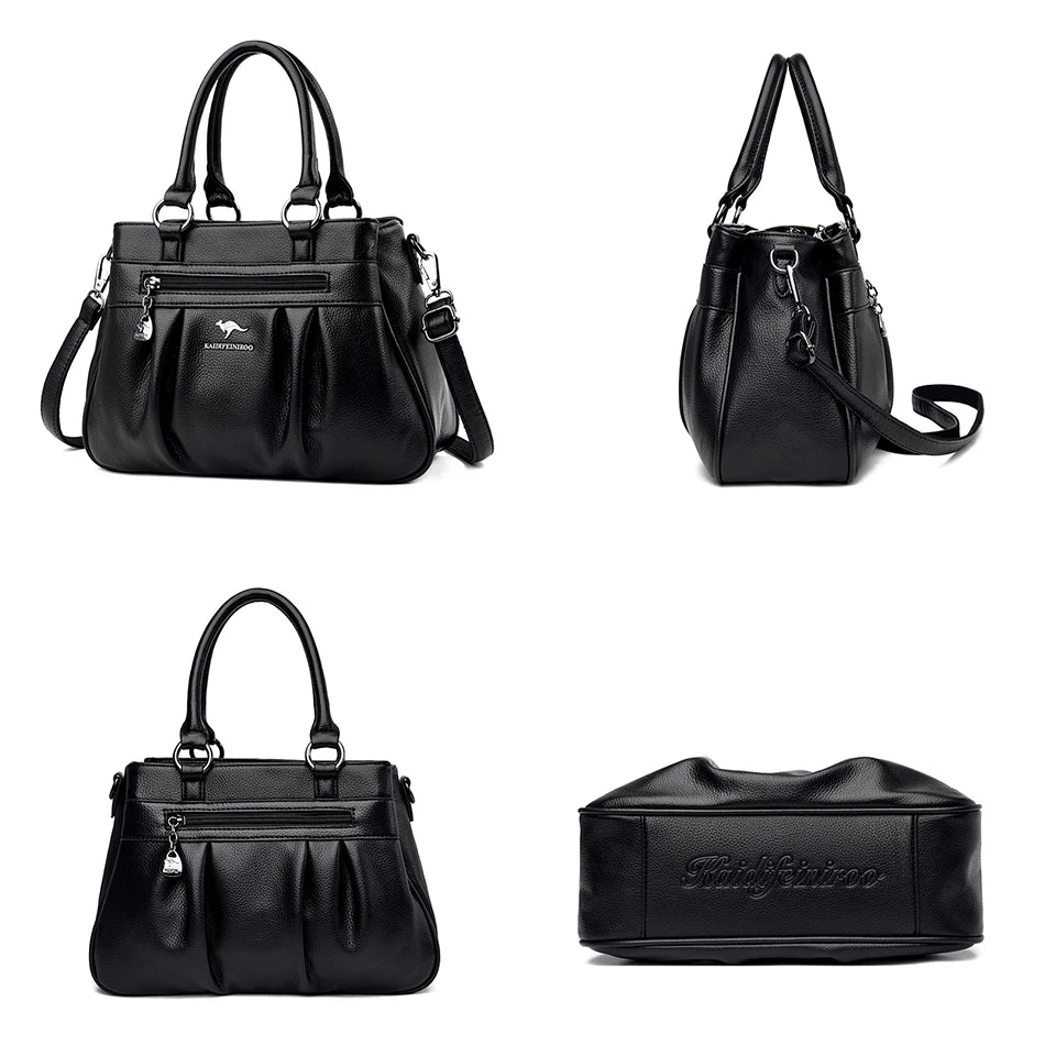 High Quality Leather Handbags Purse Luxury 3 Layers Women Shoulder Croosbody Tote Large Capacity Top-handle Female Ruched Sac