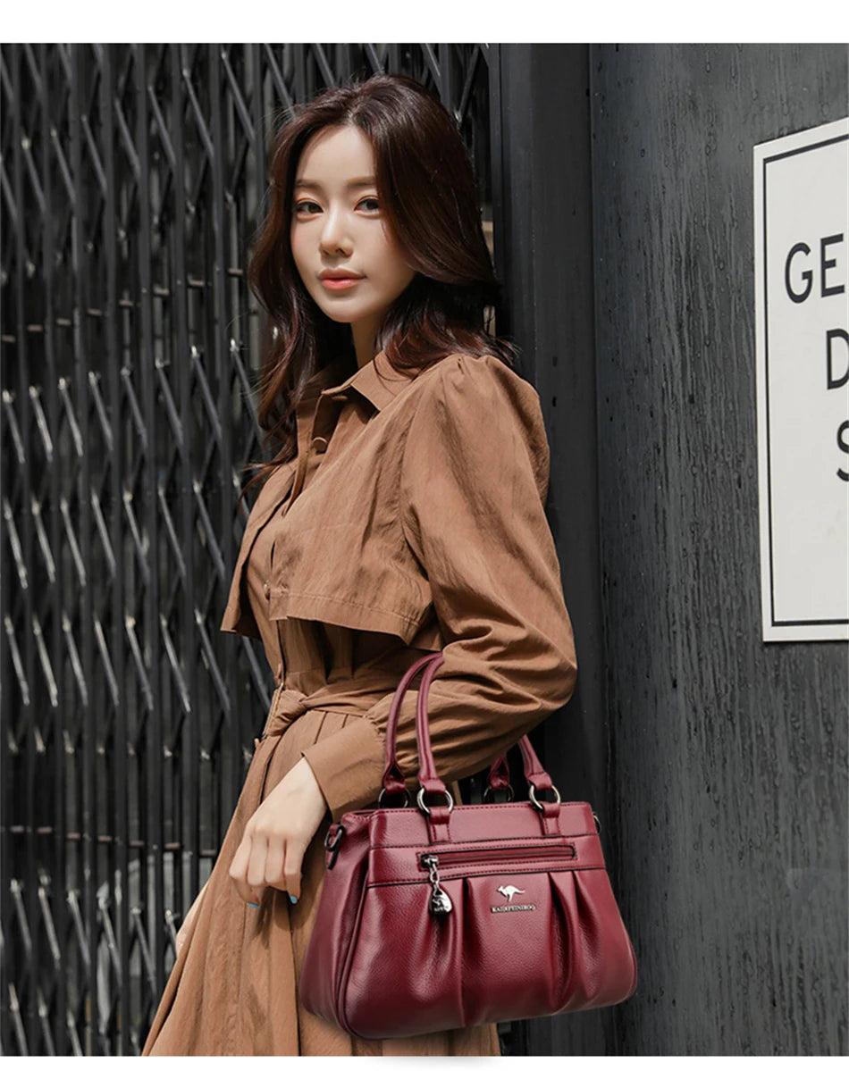High Quality Leather Handbags Purse Luxury 3 Layers Women Shoulder Croosbody Tote Large Capacity Top-handle Female Ruched Sac
