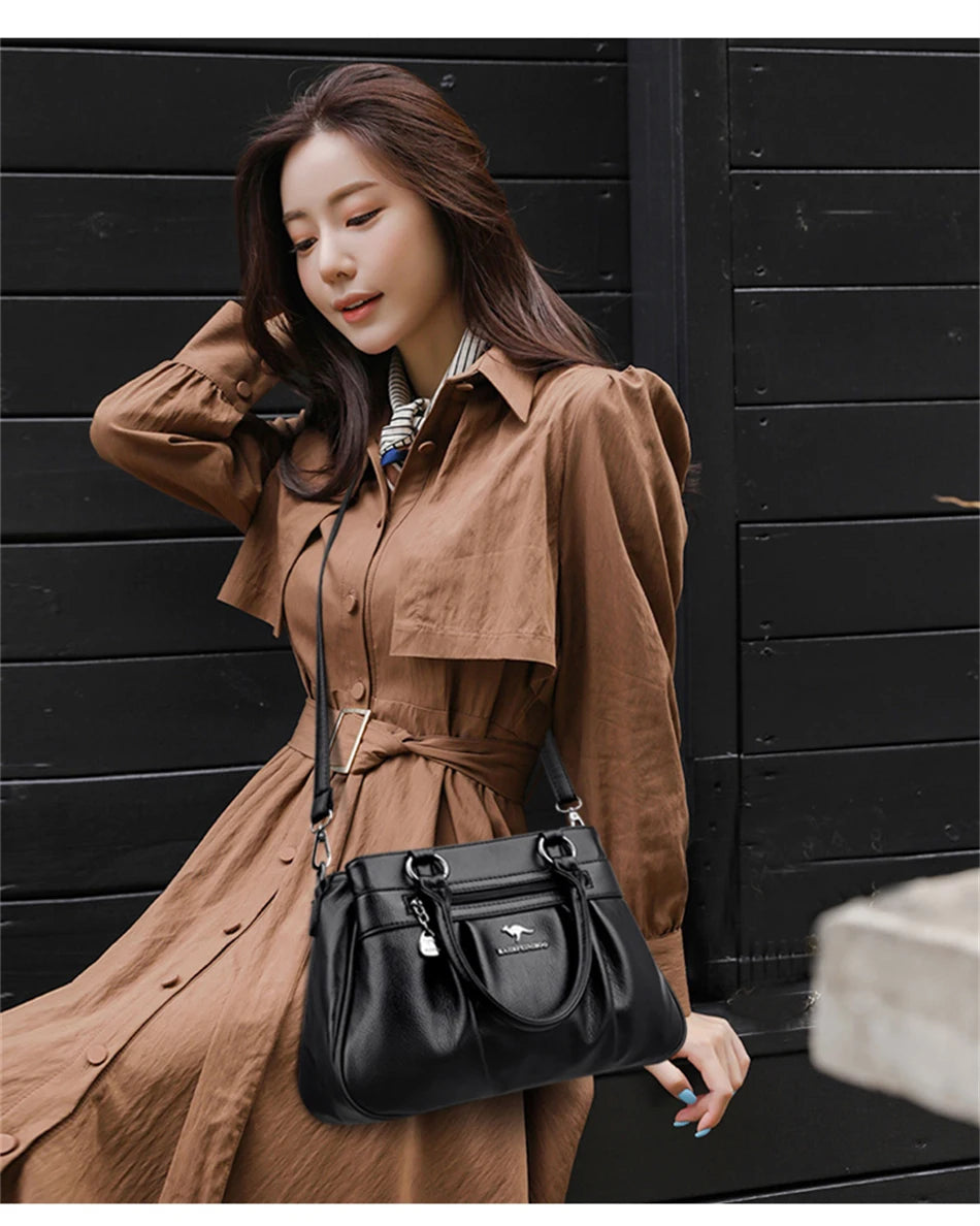 High Quality Leather Handbags Purse Luxury 3 Layers Women Shoulder Croosbody Tote Large Capacity Top-handle Female Ruched Sac