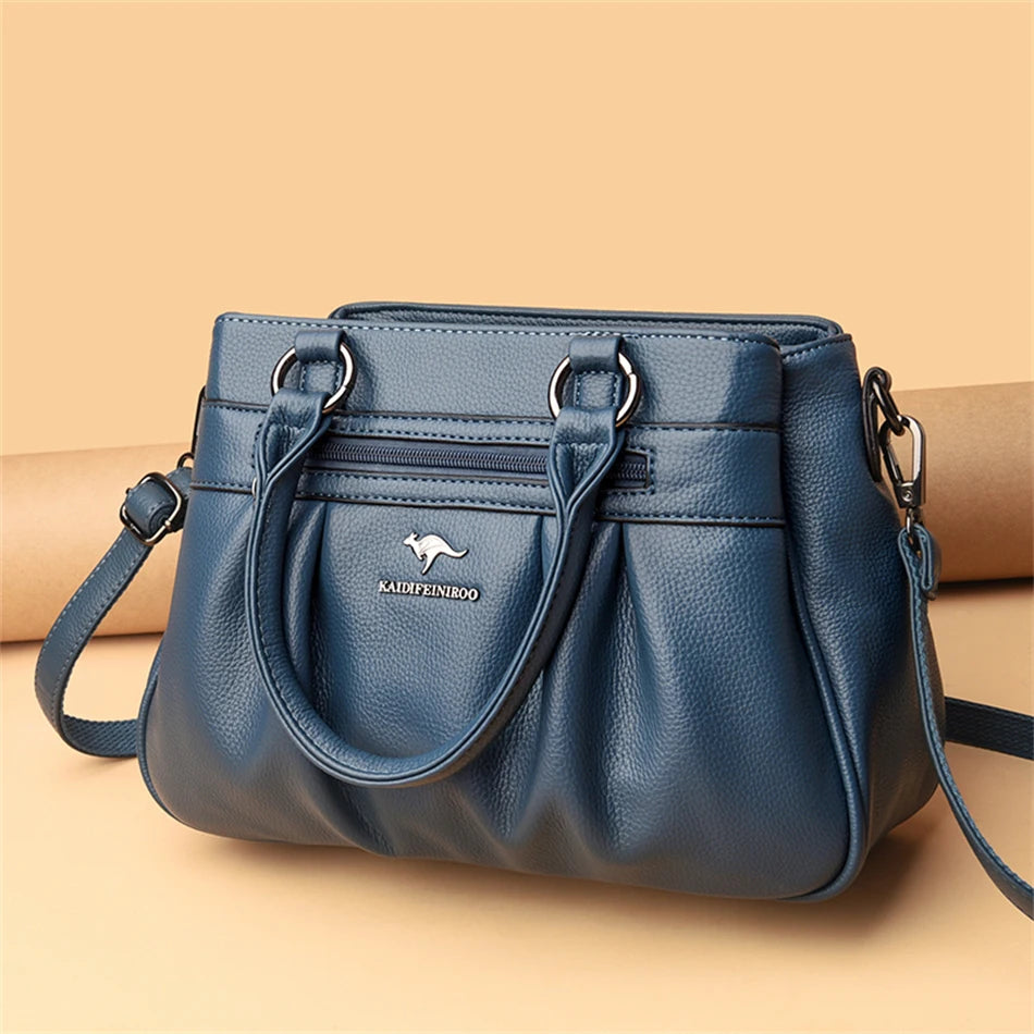 High Quality Leather Handbags Purse Luxury 3 Layers Women Shoulder Croosbody Tote Large Capacity Top-handle Female Ruched Sac