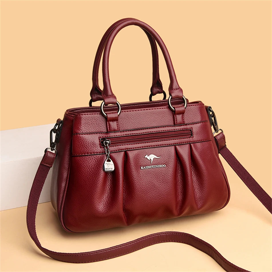 High Quality Leather Handbags Purse Luxury 3 Layers Women Shoulder Croosbody Tote Large Capacity Top-handle Female Ruched Sac