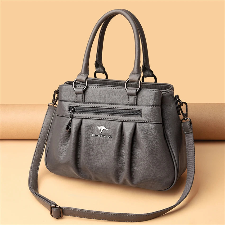 High Quality Leather Handbags Purse Luxury 3 Layers Women Shoulder Croosbody Tote Large Capacity Top-handle Female Ruched Sac