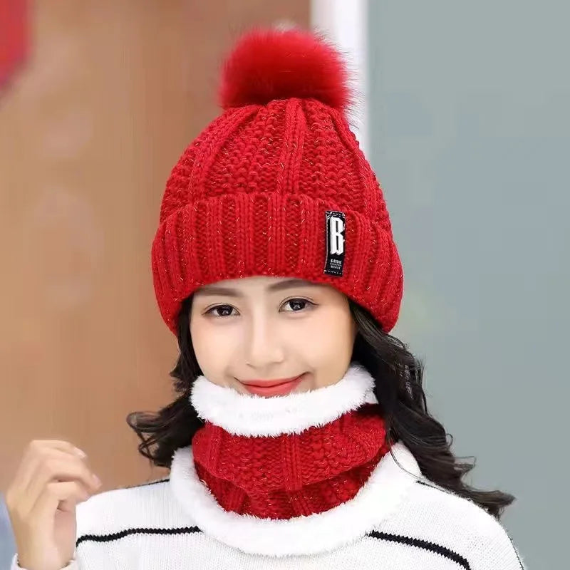 Knitted Hat Set Winter Warm Skull Hat Thick Plush Windproof Anti-Cold Women Casual Snow Hats Beanie