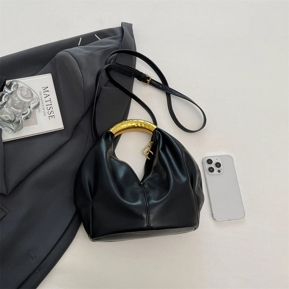 MOODS Retro Gold Ring Handle Women Hobo Bag Soft Vegan Leather Shoulder Crossbody Purse Elegant Luxury Handbag For Evening Party
