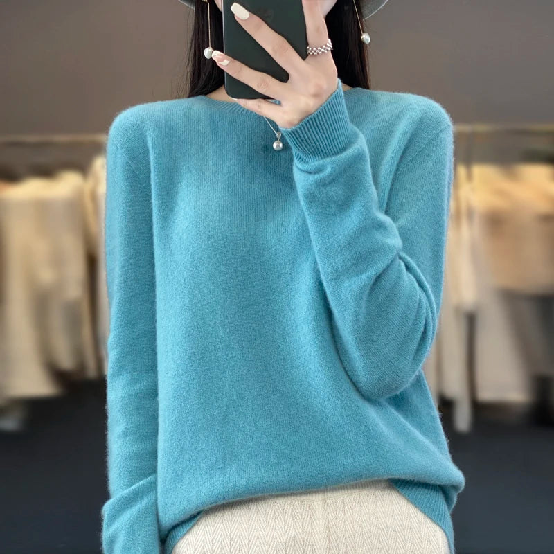 100% Merino solid color sweater ladies autumn and winter new solid color O-neck long sleeve warm fashion loose knit sweater