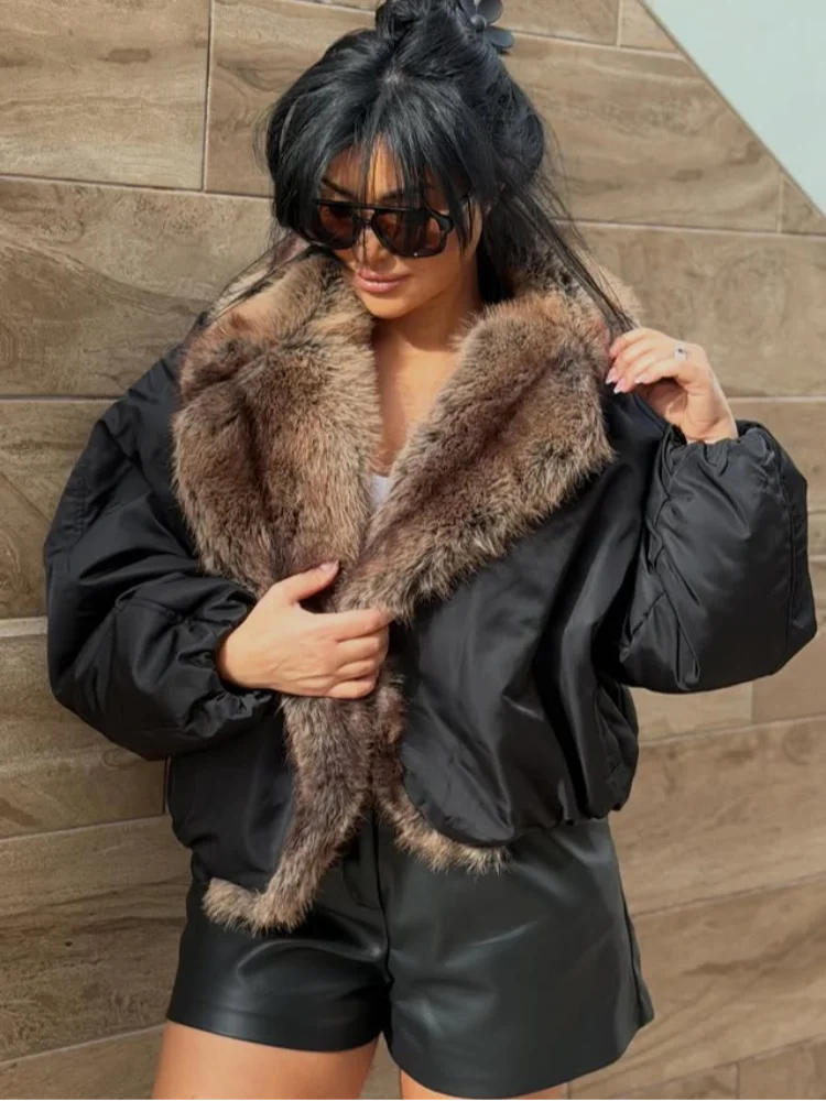 Fashion Faux Fur Collar Bomber Jacket For Women 2026 Autumn Winter Long Sleeve Coats Elegant Lady Chic High Street Outerwear