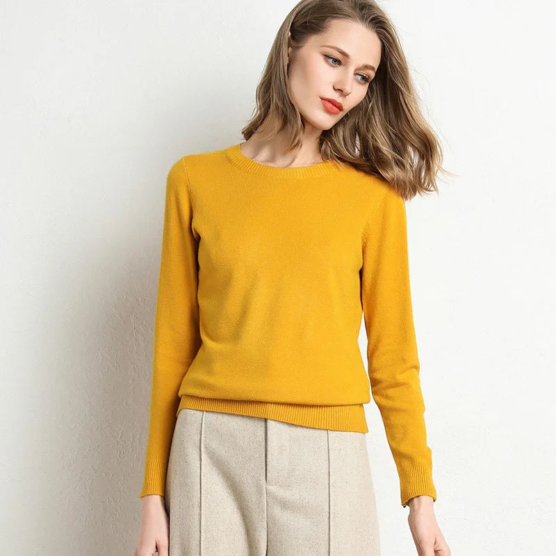 Women Slim ONeck Solid Pullover Cashmere Wool Blending Sweater Autumn And Winter Long-Sleeved Knit Bottoming Shirt Large Size