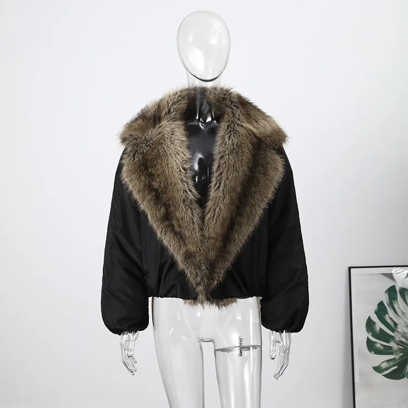 Fashion Faux Fur Collar Bomber Jacket For Women 2026 Autumn Winter Long Sleeve Coats Elegant Lady Chic High Street Outerwear