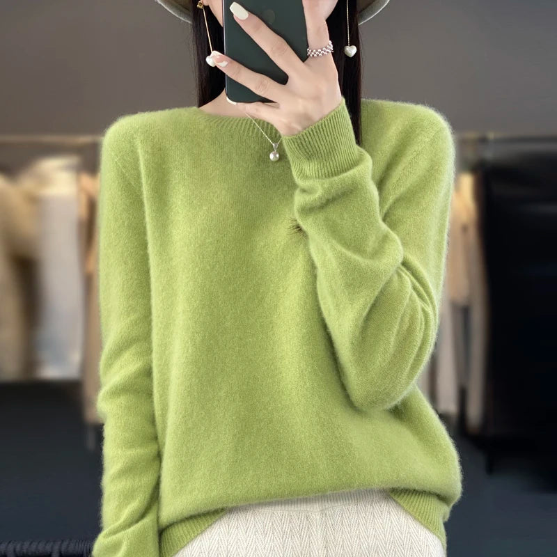 100% Merino solid color sweater ladies autumn and winter new solid color O-neck long sleeve warm fashion loose knit sweater