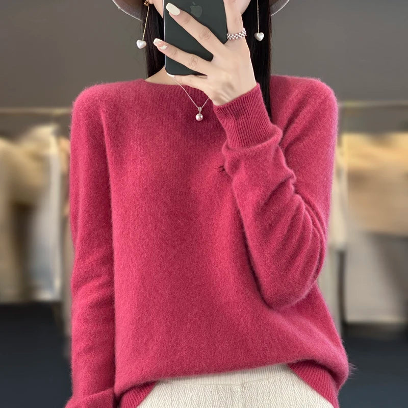 100% Merino solid color sweater ladies autumn and winter new solid color O-neck long sleeve warm fashion loose knit sweater