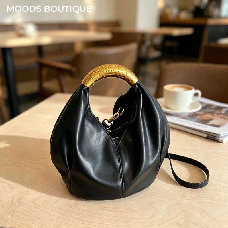 MOODS Retro Gold Ring Handle Women Hobo Bag Soft Vegan Leather Shoulder Crossbody Purse Elegant Luxury Handbag For Evening Party