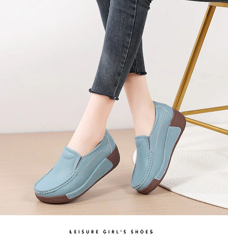 Spring and Summer Women Fashion Loafers Genuine Leather Moccasins Autumn Slip-on Casual Round Toe Wedge Platform Rocking Shoes