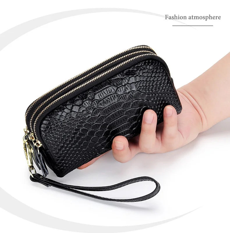 Genuine Leather Women Wallet Long Zipper Wristlet Bag Fashion Crocodile Lady Clutch Coin Purse Mobile Phone Bag Money Clip