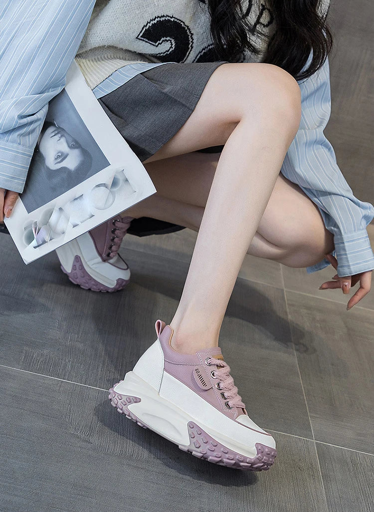 Fujin 3 inch 7cm Genuine Leather Platform Wedge Fashion Women fall winter Chunky Sneakers Heel Shoes Breathable Comfortable