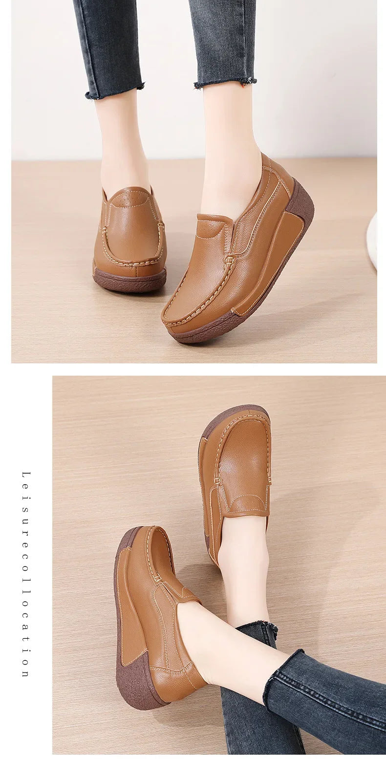 Spring and Summer Women Fashion Loafers Genuine Leather Moccasins Autumn Slip-on Casual Round Toe Wedge Platform Rocking Shoes