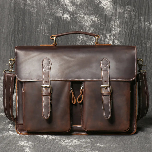 Vintage Handmade Crazy Horse Leather Handbag Large Capacity Briefcase For Men 15" Laptop Bag Work Business Bag
