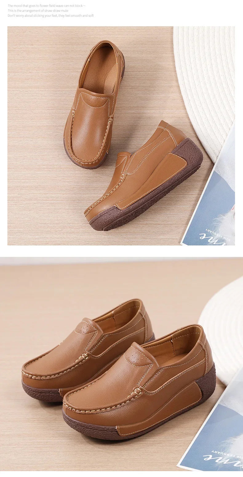Spring and Summer Women Fashion Loafers Genuine Leather Moccasins Autumn Slip-on Casual Round Toe Wedge Platform Rocking Shoes