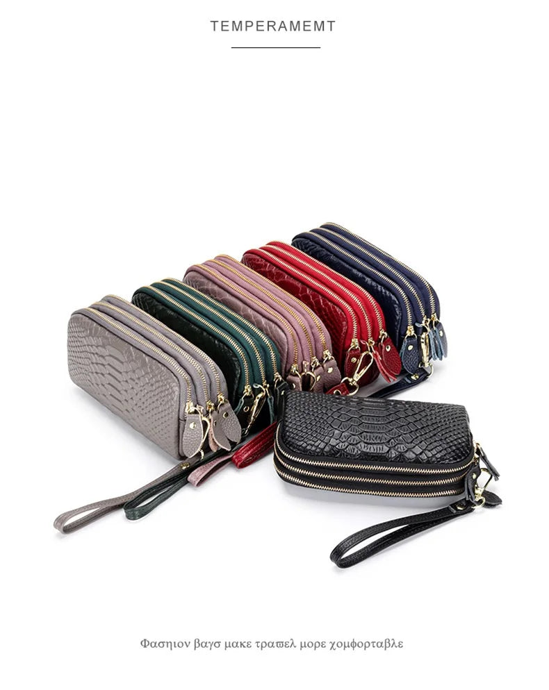 Genuine Leather Women Wallet Long Zipper Wristlet Bag Fashion Crocodile Lady Clutch Coin Purse Mobile Phone Bag Money Clip