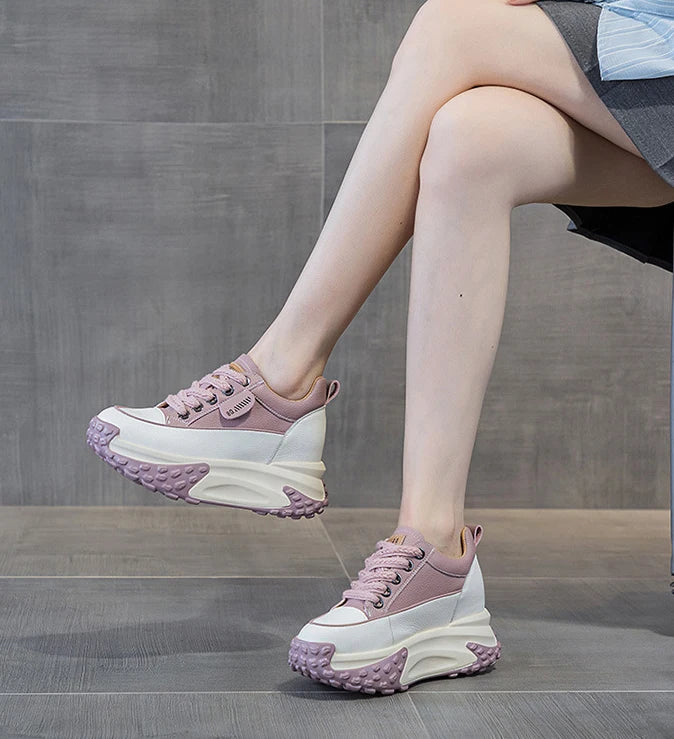 Fujin 3 inch 7cm Genuine Leather Platform Wedge Fashion Women fall winter Chunky Sneakers Heel Shoes Breathable Comfortable