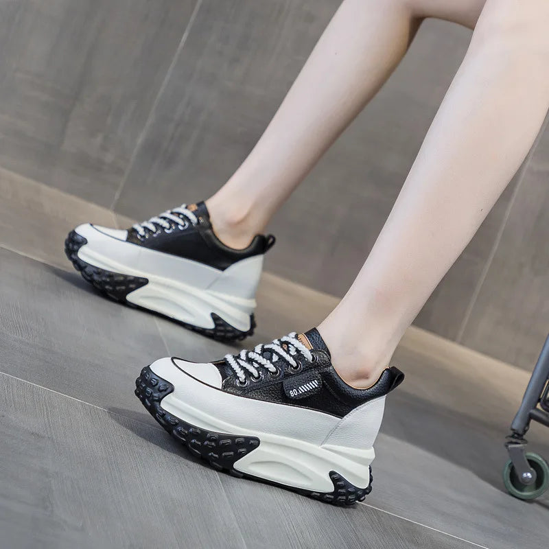 Fujin 3 inch 7cm Genuine Leather Platform Wedge Fashion Women fall winter Chunky Sneakers Heel Shoes Breathable Comfortable